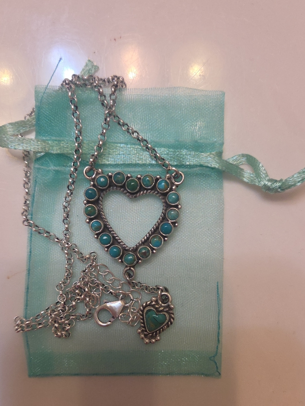Silver Heart Pendant Necklace with Turquoise Accents - Women Jewelry
